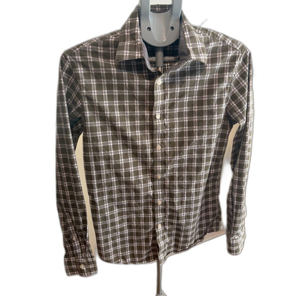 Michael Kors Plaid Button Down Small Green White Gray Slim Fit Preppy Earthy